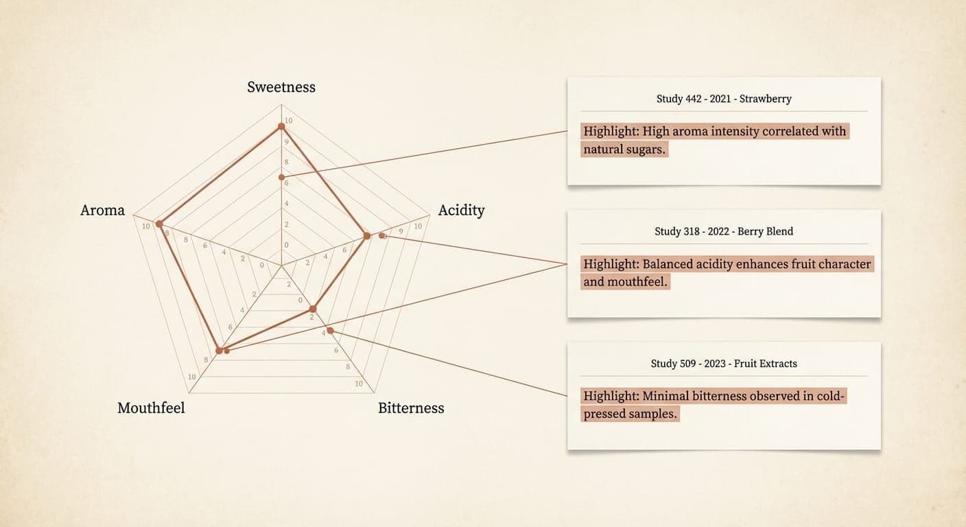 Evidence chain visualization connecting sensory measures to precise source-cited findings