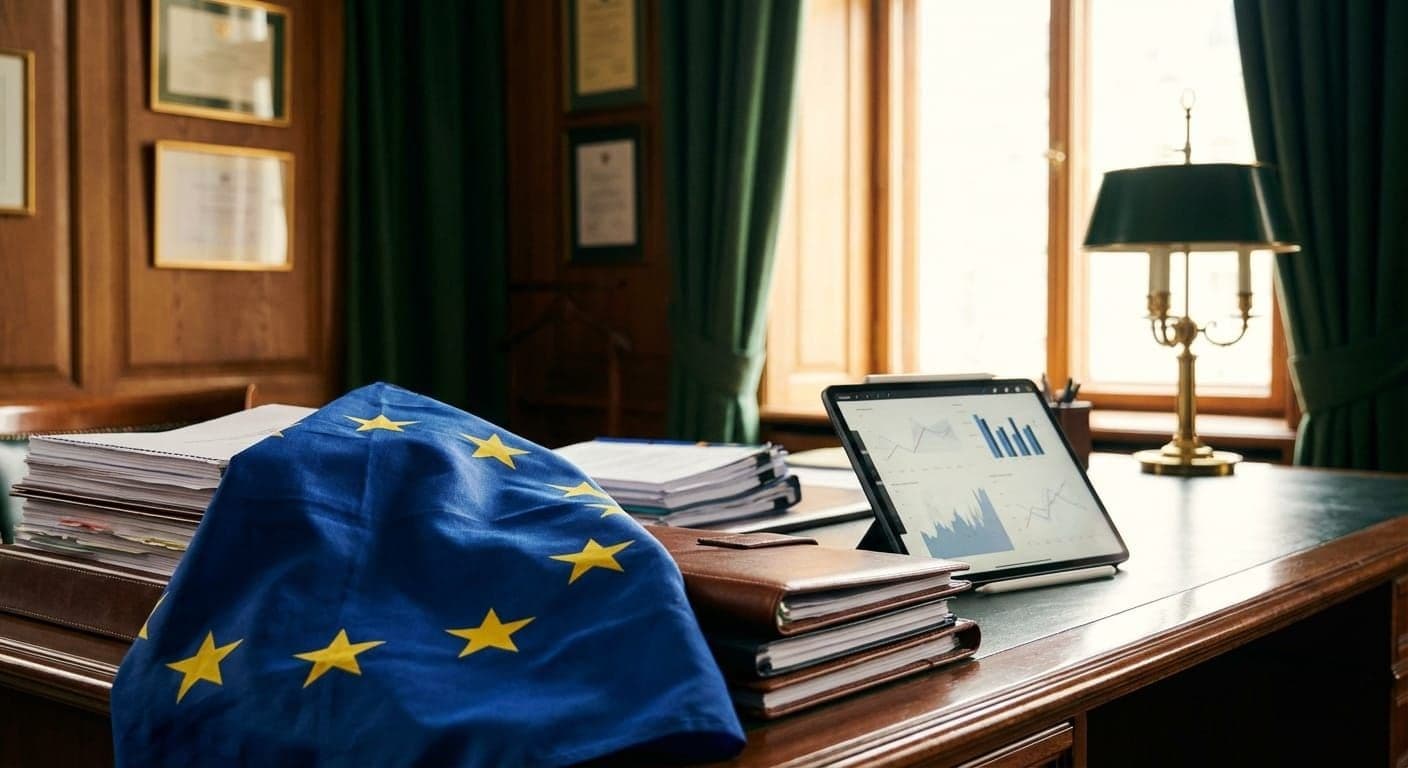 Governance desk with compliance documentation and a protected research laptop
