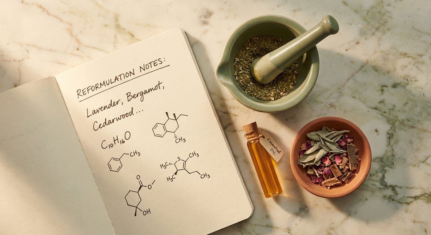 Research notebook with formulation notes and sensory science materials