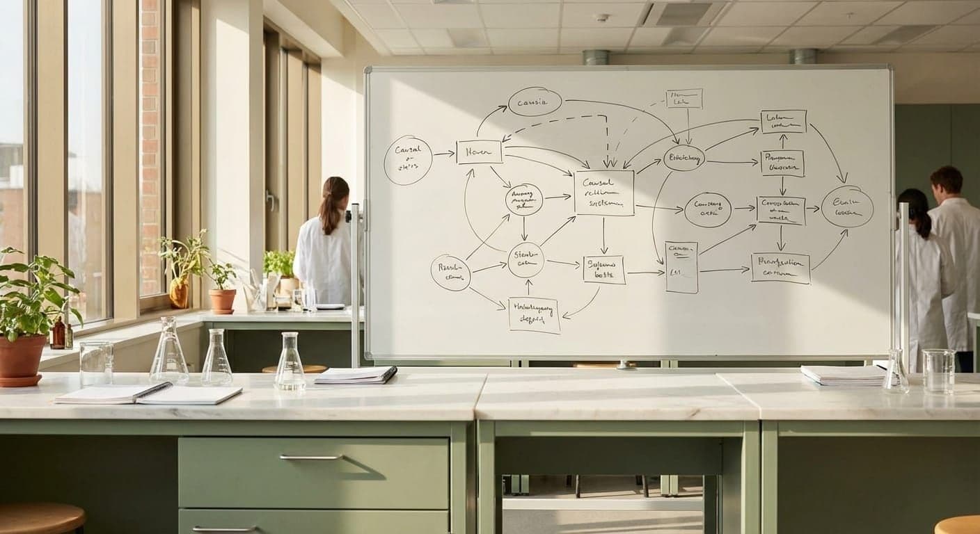 Sensory science laboratory whiteboard mapping research variables and causal relationships