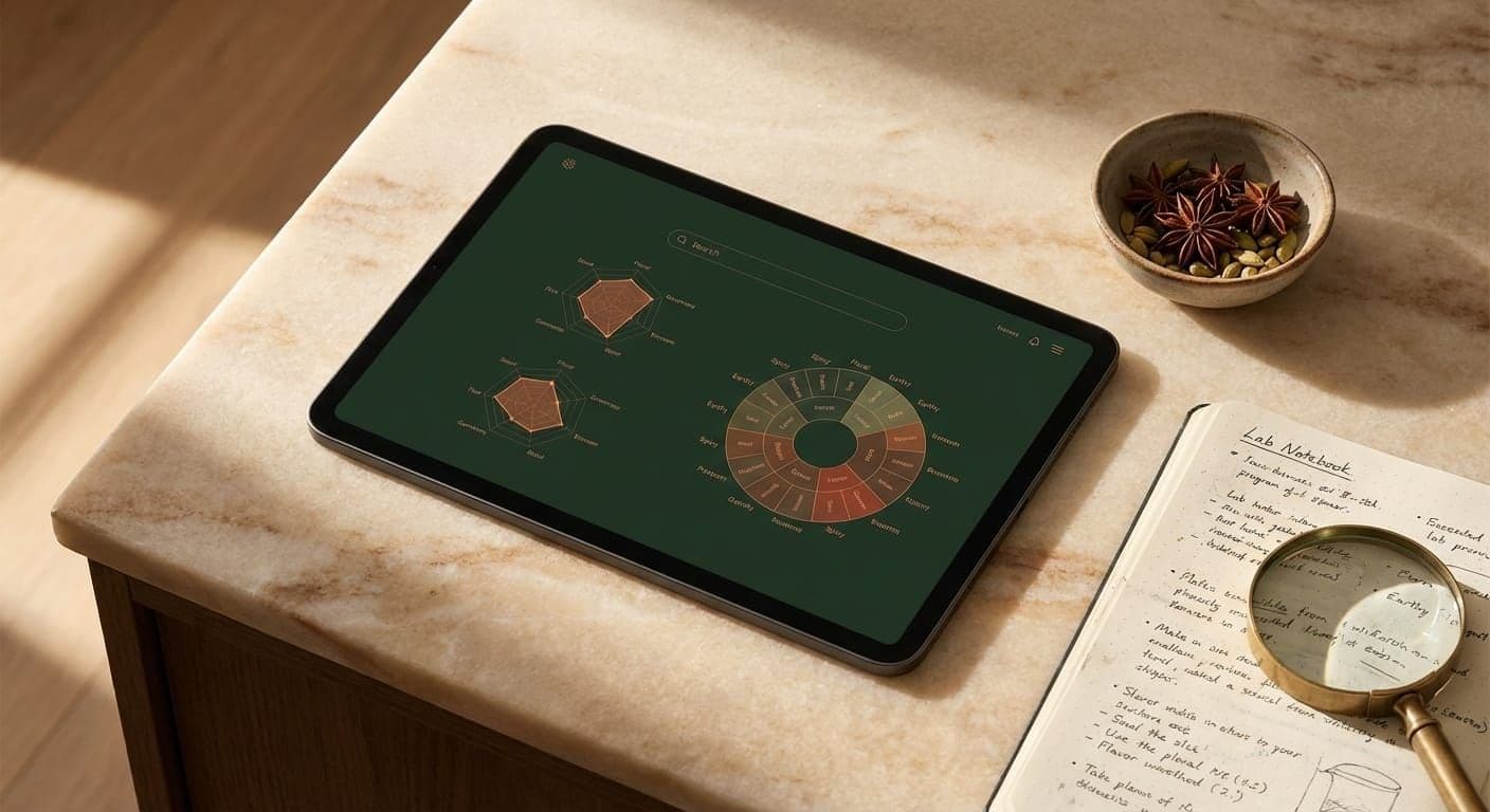 THEUS research interface on a tablet surrounded by sensory science notes