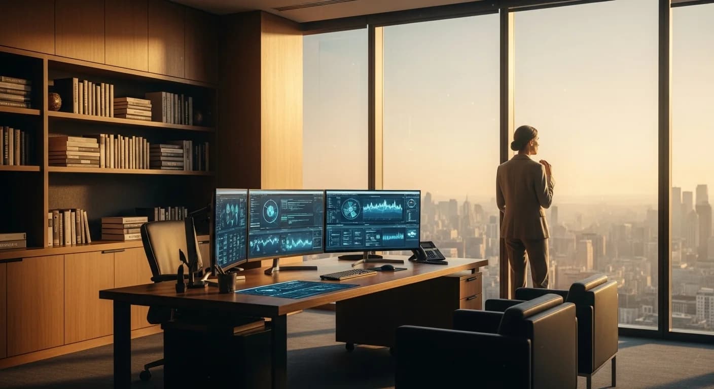 Research executive contemplating strategic decisions at golden hour