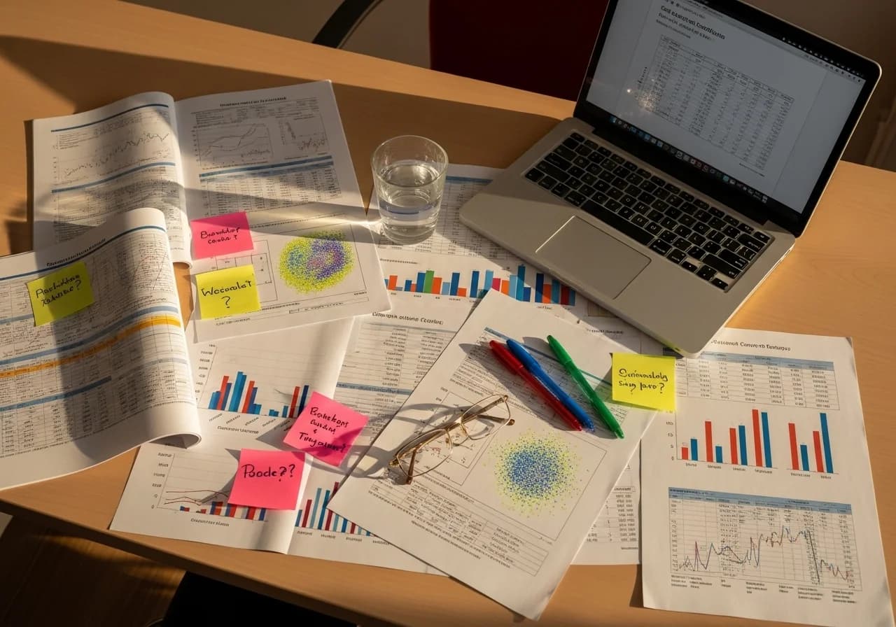 Academic research analysis with statistical papers and annotations