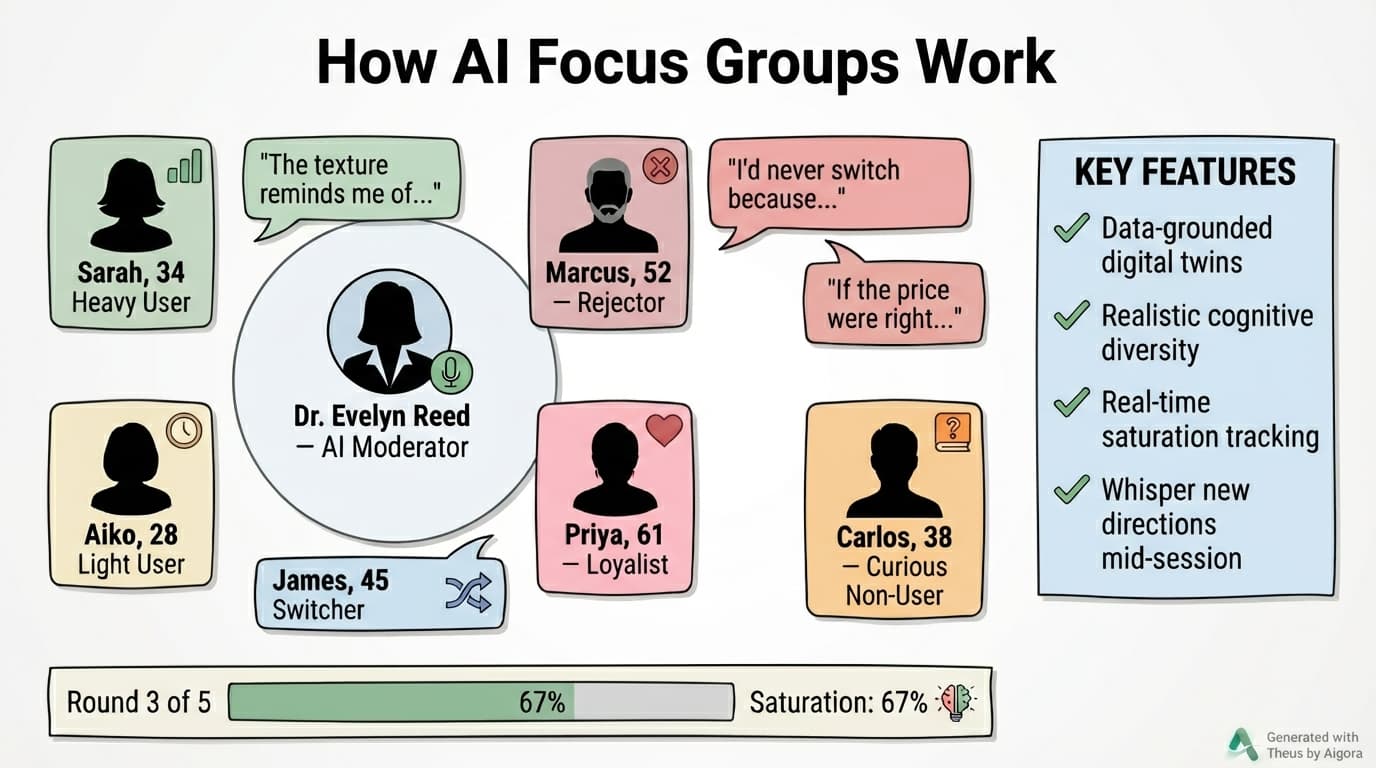 Conceptual illustration of a virtual focus group with diverse AI-generated panelists discussing around a table with Dr. Evelyn Reed moderating