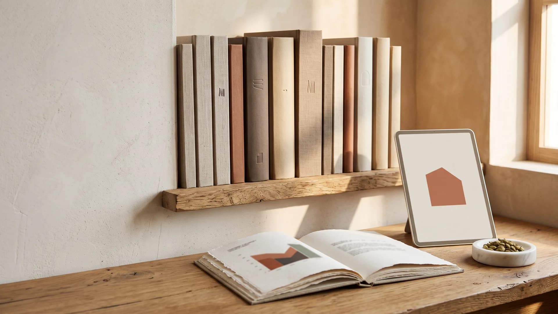 A shelf of research reports above an open study with an abstract chart and a tablet, in morning light